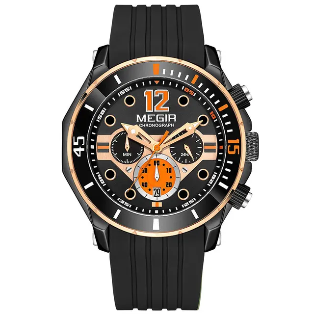 MEGIR Olive Green Sport Watches for Men Fashion Chronograph Quartz Wristwatch Waterproof 24-hour Display Watch часы мужские 2206