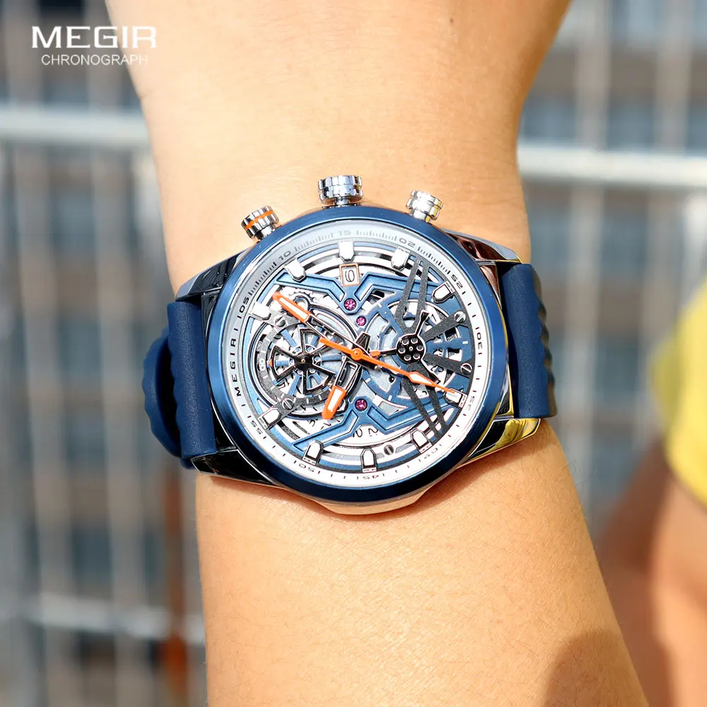 MEGIR Sport Chronograph Watch for Men Navy Blue Silicone Strap Waterproof Quartz Wristwatch with Auto Date Luminous Hands 2235