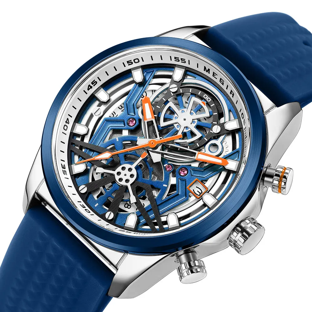 MEGIR Sport Chronograph Watch for Men Navy Blue Silicone Strap Waterproof Quartz Wristwatch with Auto Date Luminous Hands 2235