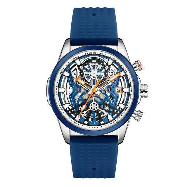 MEGIR Sport Chronograph Watch for Men Navy Blue Silicone Strap Waterproof Quartz Wristwatch with Auto Date Luminous Hands 2235