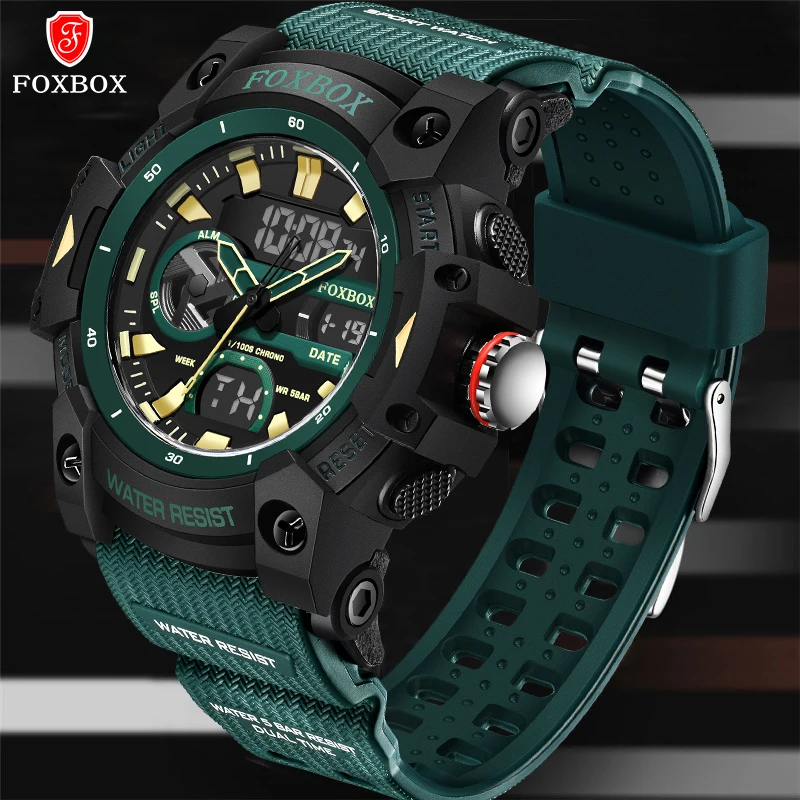 FOXBOX Fashion Men's Sport Watches Shock Resistant 50M Waterproof Wristwatch LED Alarm Stopwatch Clock Military Watches Men