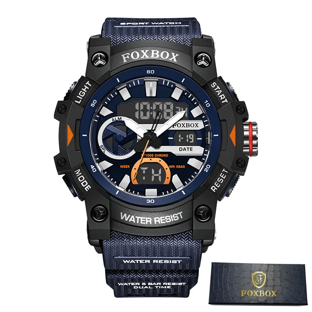 FOXBOX Fashion Men's Sport Watches Shock Resistant 50M Waterproof Wristwatch LED Alarm Stopwatch Clock Military Watches Men
