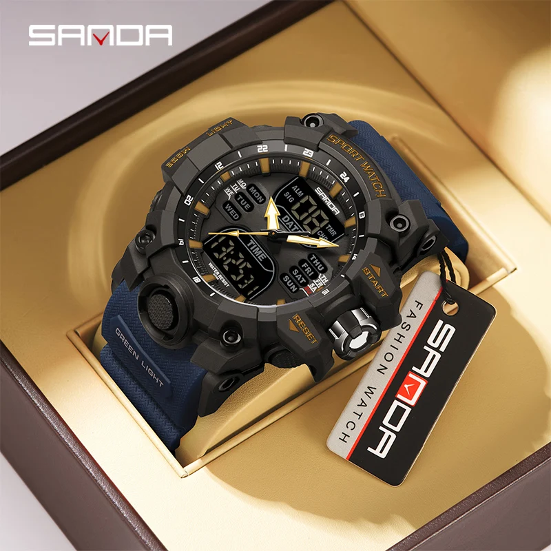 SANDA Dual Display Men Watches Waterproof Sports Watch Military Man Alarm Stopwatch Quartz Wristwatch Male Digital Clock 6126