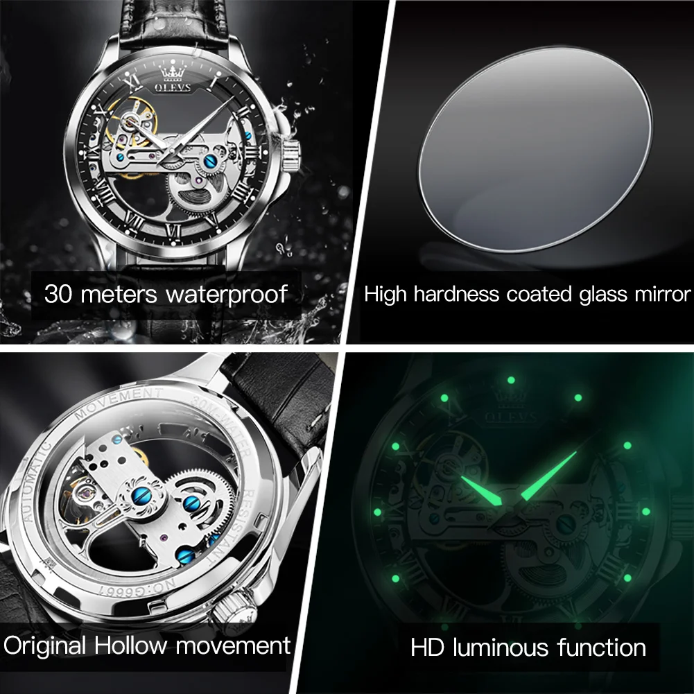 OLEVS 6661 Automatic Watch For Men Skeleton Original Mechanical Movement Man Wristwatch Waterproof Luminous Sport Men's Watches