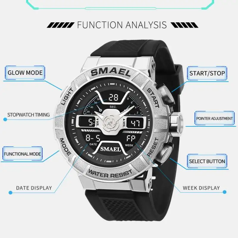Men Watches 50m Waterproof Sports Quartz SMAEL Luxury Man Watch Brands Stopwatch LED Back Light 8067 Male Clock Wristwatches