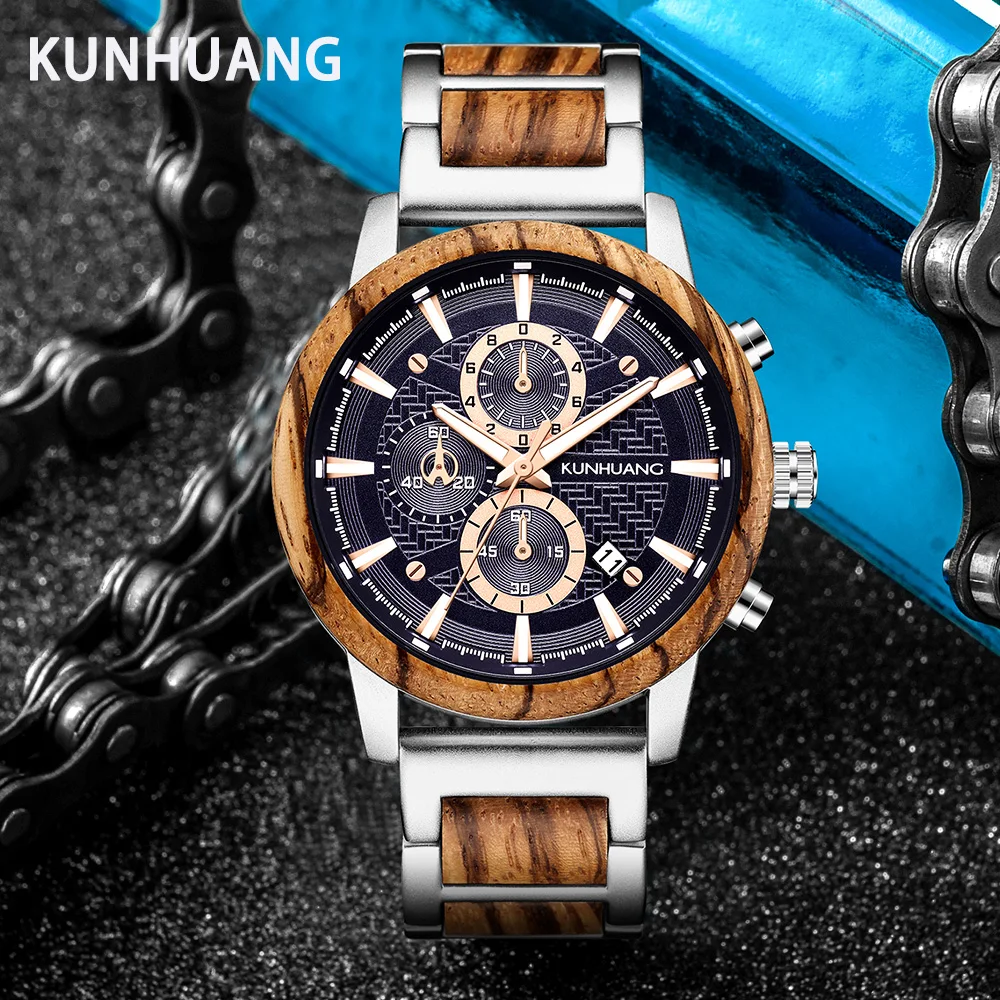 KUNHUANG Wood Watches Luxury Luminous Multi-function Wooden Men's Quartz Retro Watch Fashion Sport Timepieces Zegarek męski