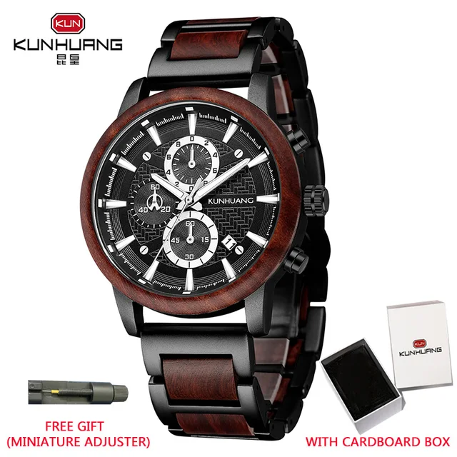 KUNHUANG Wood Watches Luxury Luminous Multi-function Wooden Men's Quartz Retro Watch Fashion Sport Timepieces Zegarek męski