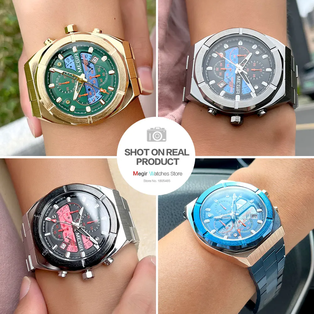 MEGIR Gray Sport Quartz Watch for Men Luxury Luminous Waterproof Metal Wristwatch with Stainless Steel Strap Date Chronograph