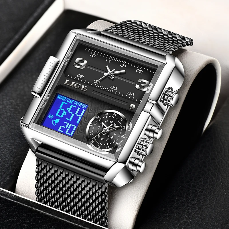 LIGE Fashion Black Steel Watch Men Digital Dual Display Watch Sports Chronograph Waterproof Quartz Wristwatch Men Military Watch