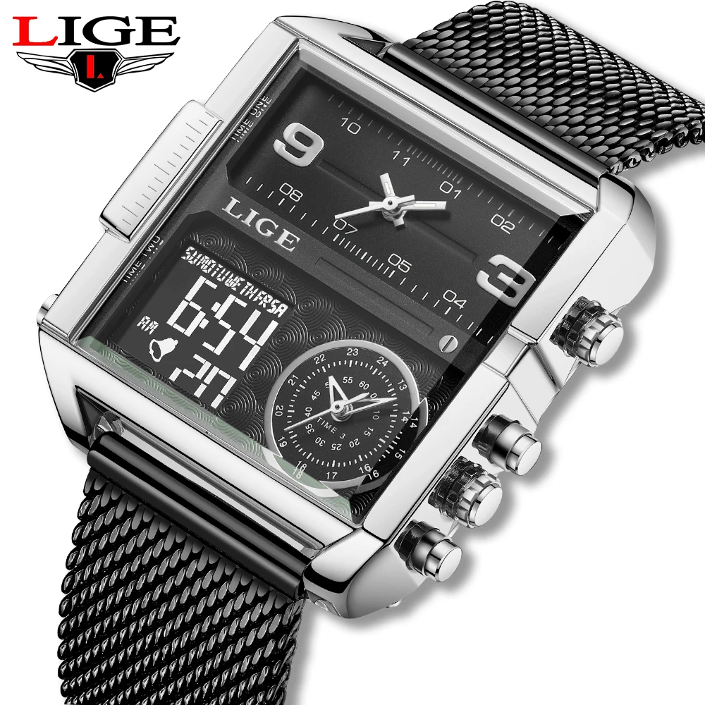LIGE Fashion Black Steel Watch Men Digital Dual Display Watch Sports Chronograph Waterproof Quartz Wristwatch Men Military Watch