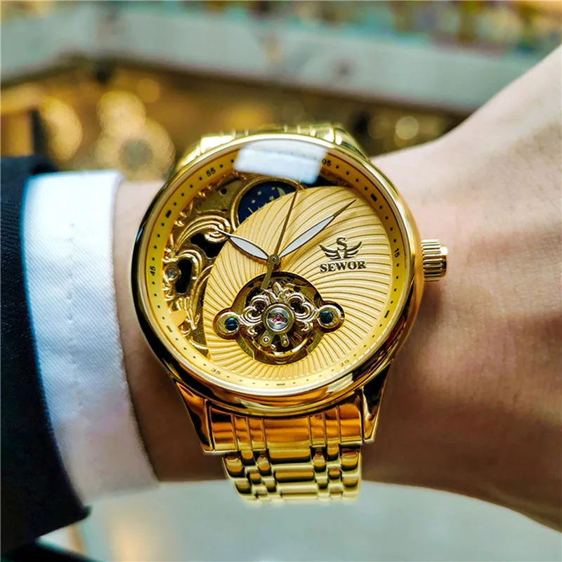 SEWOR Luxury Gold Tourbillon Watches Men Skeleton Watches Moon Phase Automatic Mechanical Wristwatches Men Relogio Masculino