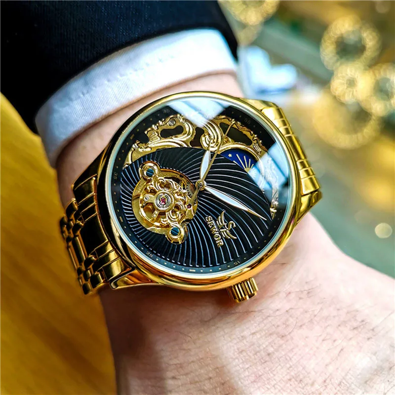 SEWOR Luxury Gold Tourbillon Watches Men Skeleton Watches Moon Phase Automatic Mechanical Wristwatches Men Relogio Masculino