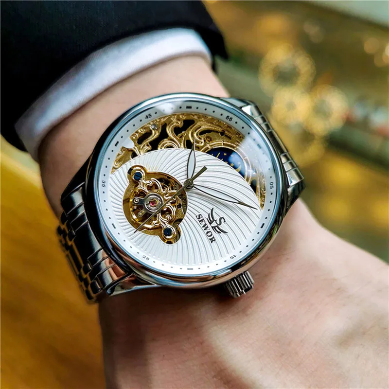 SEWOR Luxury Gold Tourbillon Watches Men Skeleton Watches Moon Phase Automatic Mechanical Wristwatches Men Relogio Masculino