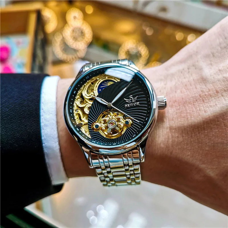 SEWOR Luxury Gold Tourbillon Watches Men Skeleton Watches Moon Phase Automatic Mechanical Wristwatches Men Relogio Masculino