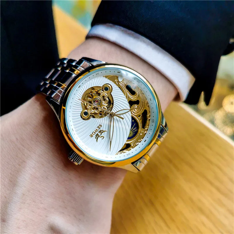 SEWOR Luxury Gold Tourbillon Watches Men Skeleton Watches Moon Phase Automatic Mechanical Wristwatches Men Relogio Masculino