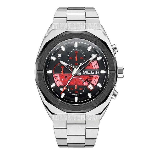 MEGIR Gray Sport Quartz Watch for Men Luxury Luminous Waterproof Metal Wristwatch with Stainless Steel Strap Date Chronograph