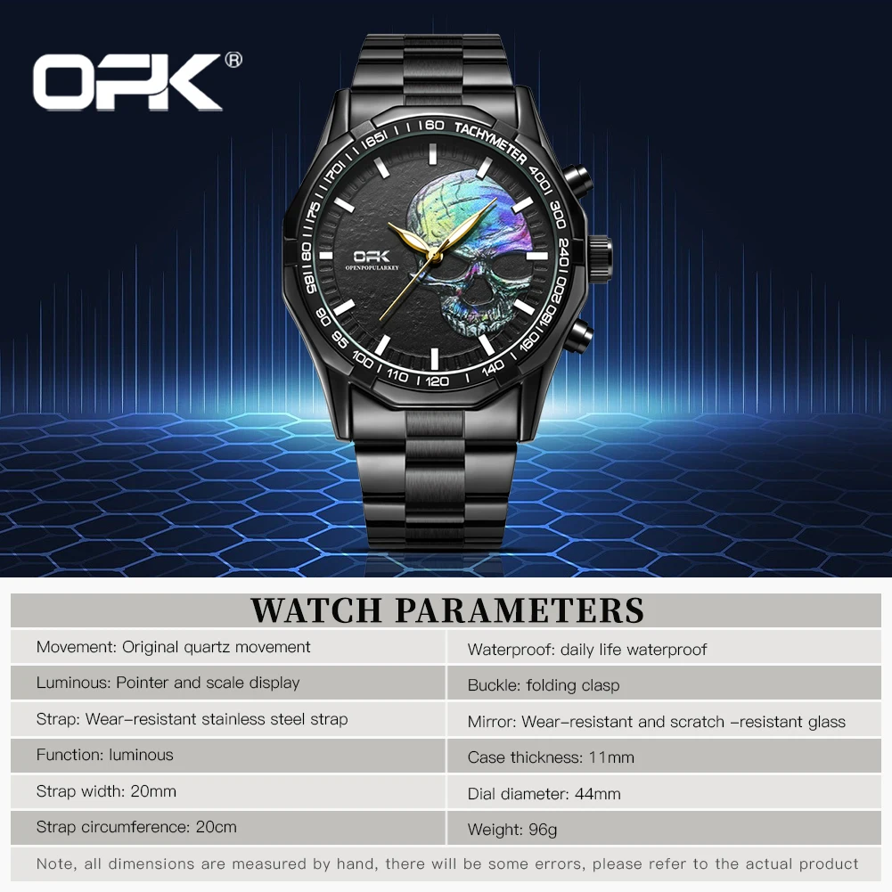 OPK Trendy Cool Original Men's Quartz Watch Classic Skull Embossed Night Glow Waterproof Men's Personalized Watch Luxury Watch