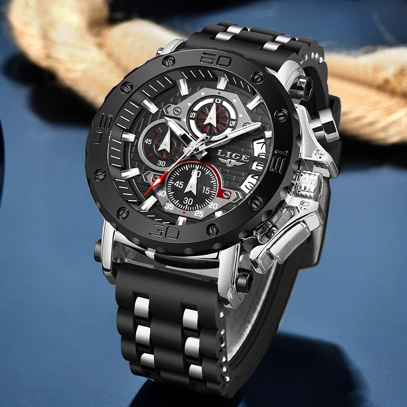 LIGE  Fashion Silicone Watch Men Casual Men's Military Watch Top Brand Luxury Sports Chronograph Clock Relogio Masculino