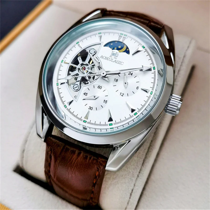 AOKULASIC Men Wristwatch Automatic Mechanical Waterproof Sport Original Male Clock Top Brand Luxury Skeleton Hollow Watch 535