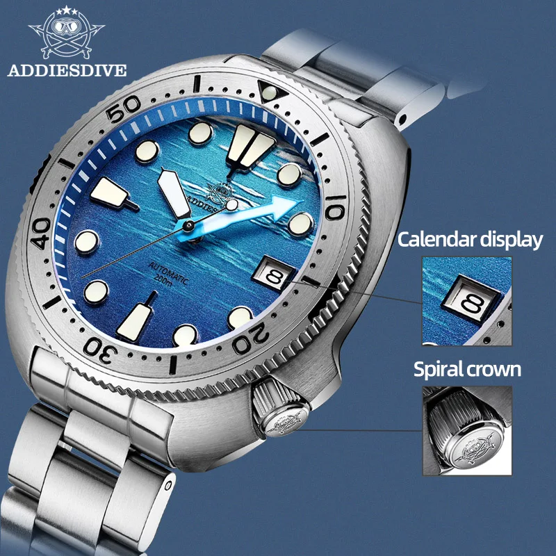 ADDIESDIVE AD2045 Watch For Man 20Bar Waterproof Sapphire Glass BGW9 Blue Luminous Automatic Mechanical Watch Reloj Hombre