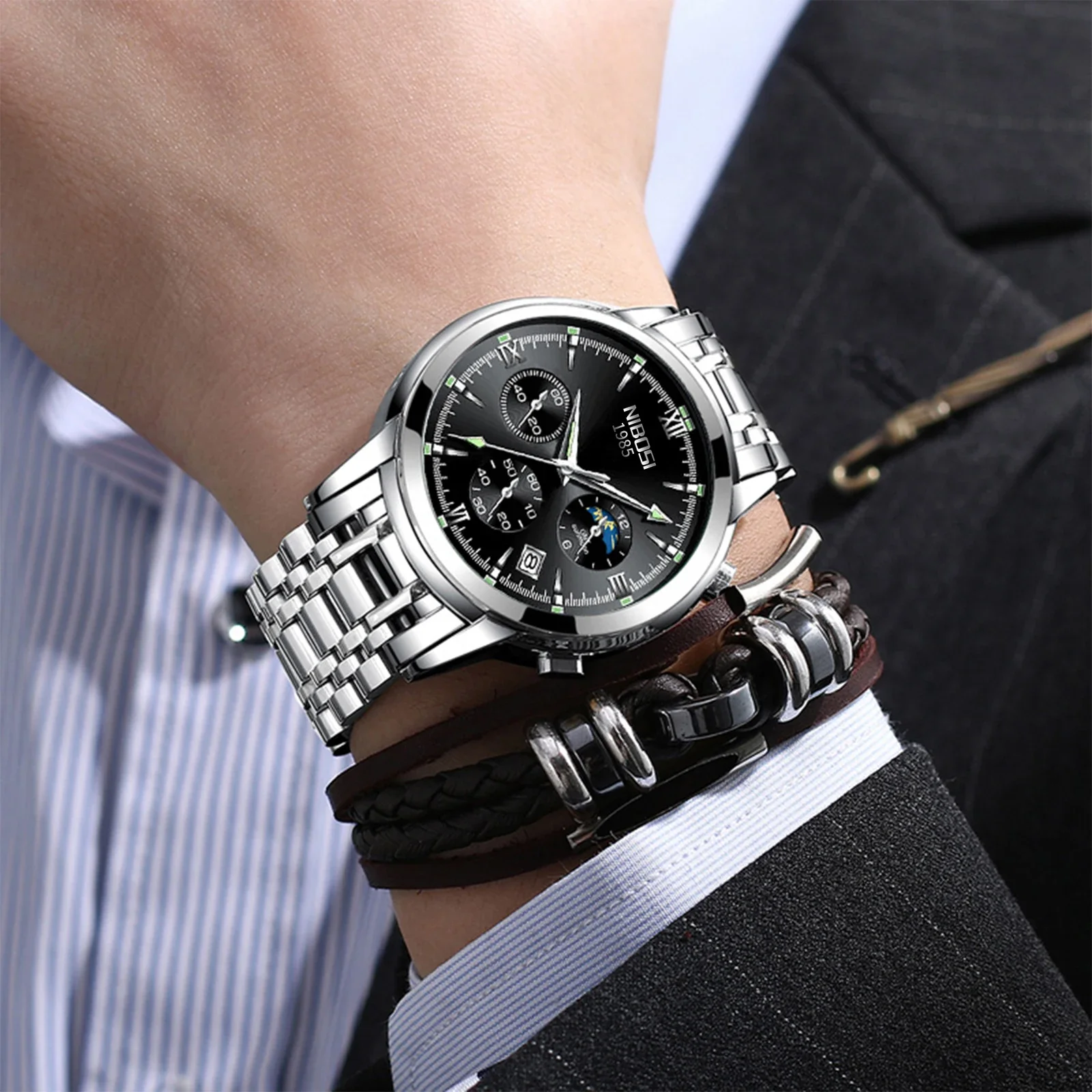 NIBOSI Fashion Men Watch Top Brand Luxury Moon Phase Waterproof Sport Quartz Chronograph Wristwatch for Man Relogios Masculino