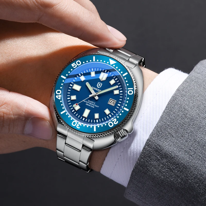 QINGXIYA Brand Sports Dig Dial Quartz Watch for Men Luxury Stainless Steel Waterproof HD Luminous Calendar Fashion Mens Watches