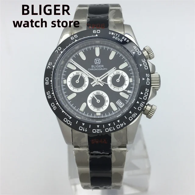 Bliger39mm quartz men's watch VK63 movement motion multifunctional time meter commercial sapphire glass stainless steel bracelet