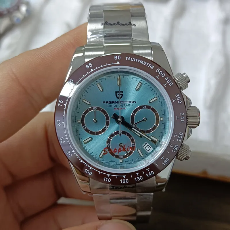PAGANI DESIGN Quartz Sport Chronograph 100M Waterproof AR Sapphire mirror Watch For Men TMI VK63 Dive All Steel Wristwatch
