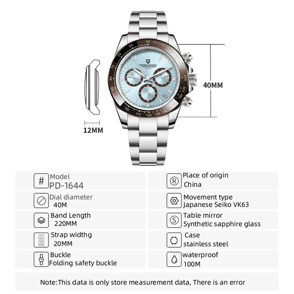 PAGANI DESIGN Quartz Sport Chronograph 100M Waterproof AR Sapphire mirror Watch For Men TMI VK63 Dive All Steel Wristwatch