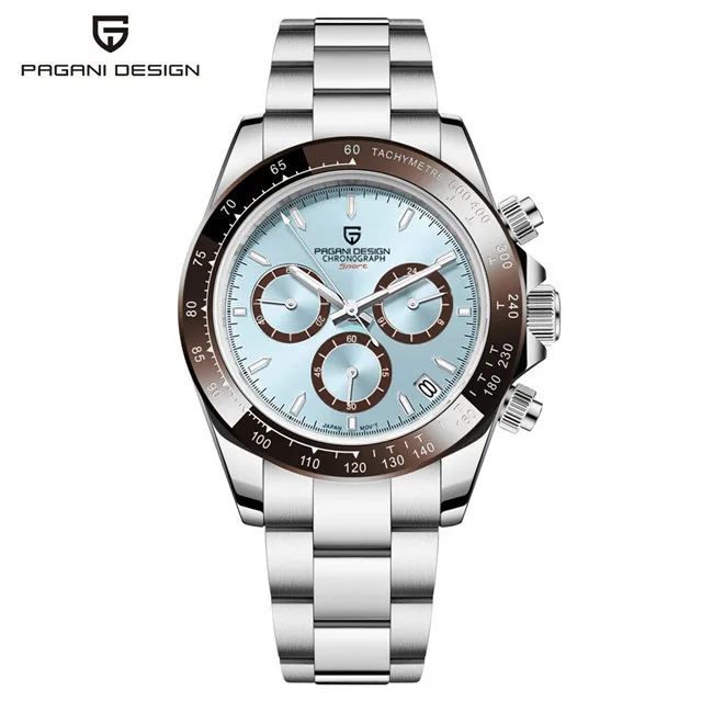 PAGANI DESIGN Quartz Sport Chronograph 100M Waterproof AR Sapphire mirror Watch For Men TMI VK63 Dive All Steel Wristwatch