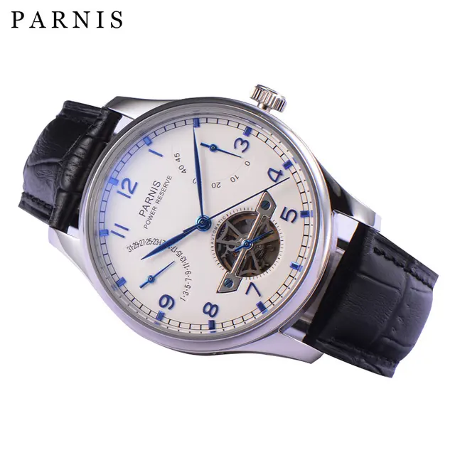 43mm Parnis Skeleton Automatic Mechanical Men's Watch Silver Case Men Power Reserve Tourbillon Watches Gift Relogio Masculino