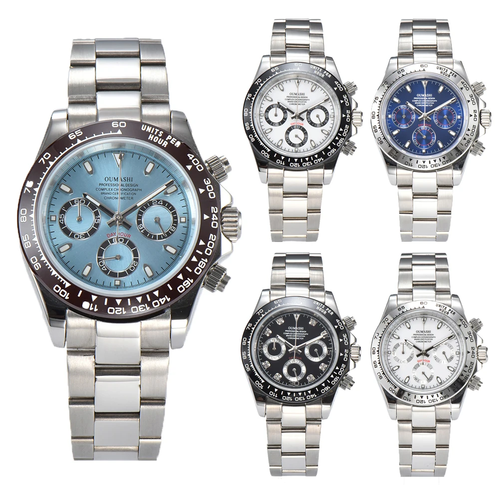 39mm DTN VK63 Movement Men's Watch Customized logo Panda Three Eye Quartz Watch Sapphire Stainless Steel Waterproof Timing Code