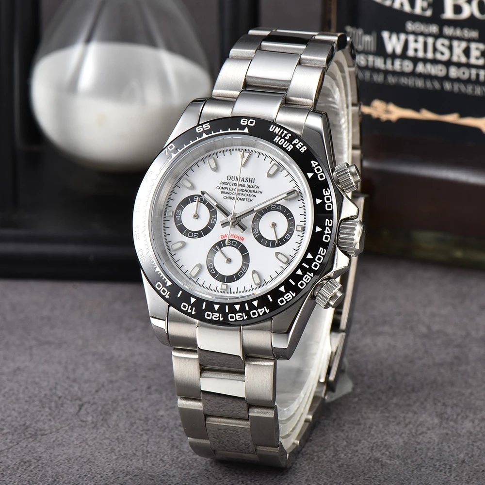 39mm DTN VK63 Movement Men's Watch Customized logo Panda Three Eye Quartz Watch Sapphire Stainless Steel Waterproof Timing Code