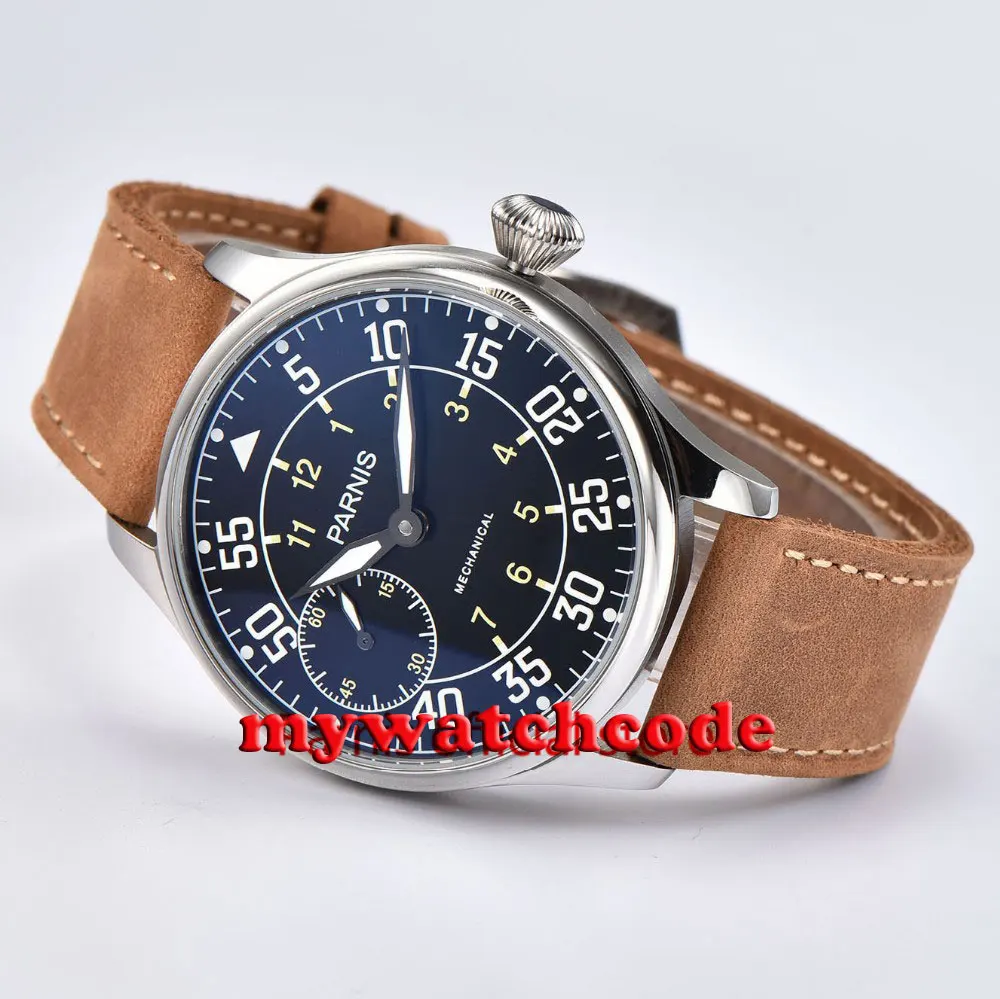 PARNIS Fashion 44mm Mechanical Hand Winding Watch Men 17 Jewels 6497 Movement Luminous Hand Camel Strap