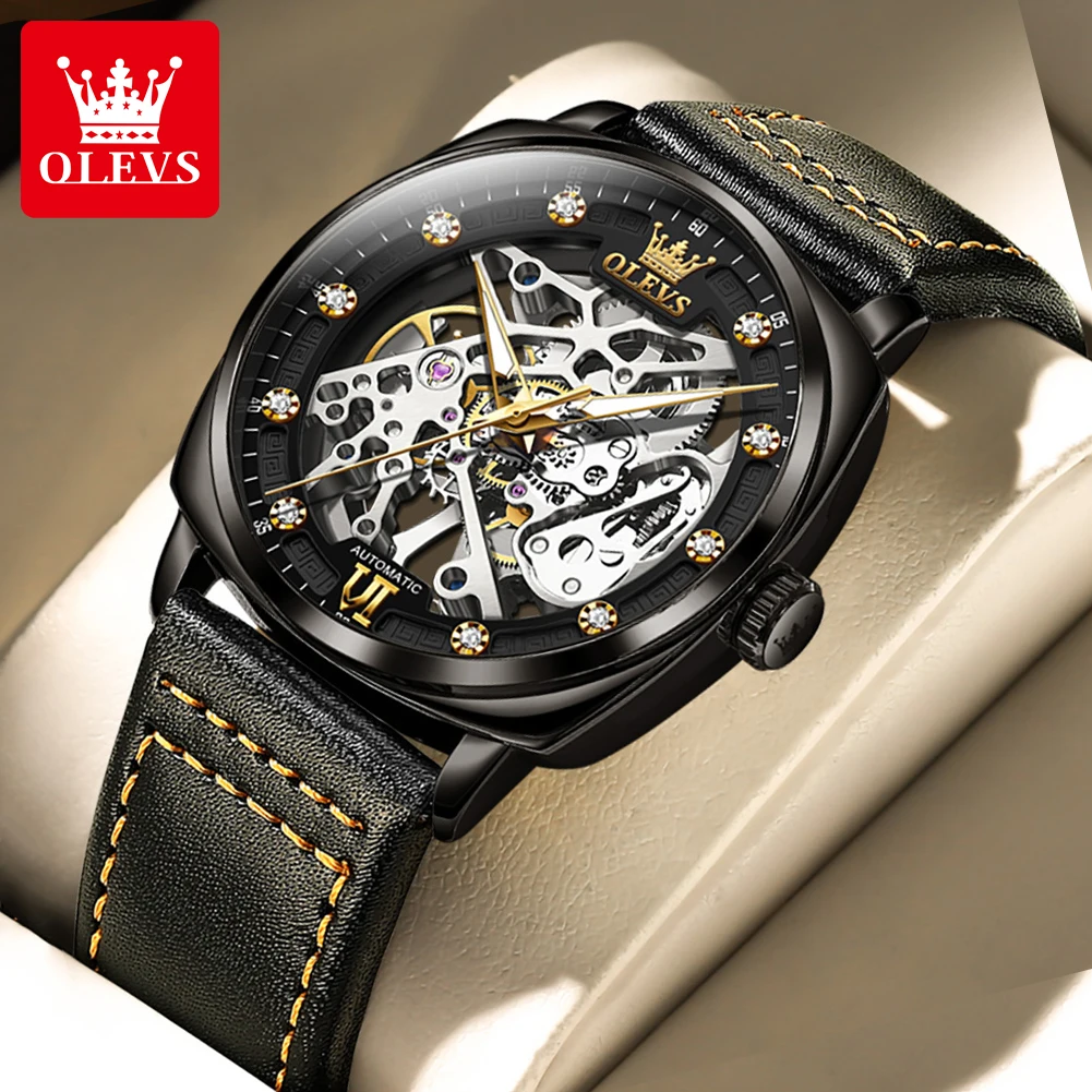 OLEVS Men's Watches Top Brand Hollow Out Automatic Mechanical Wristwatch Waterproof Luminous Leather Strap Watch for Man Fashion