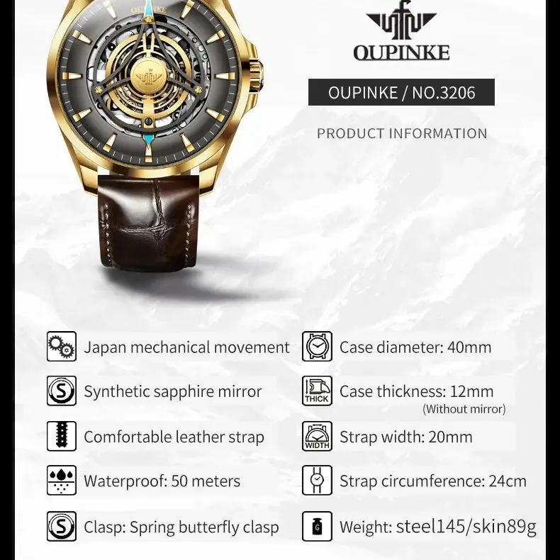 OUPINKE 3206 Men's Automatic Mechanical Watch Japan Imported Movement Sapphire Mirror Original Leather strap Wristwatch Male