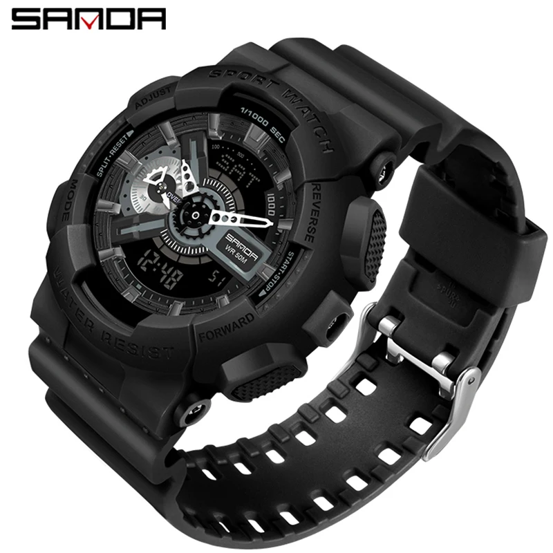 Fashion Sanda Top Brand Dual Display Quartz Watch Men's Luxury Sports Led Luminous Waterproof S Shockproof Automatic Date RelojP