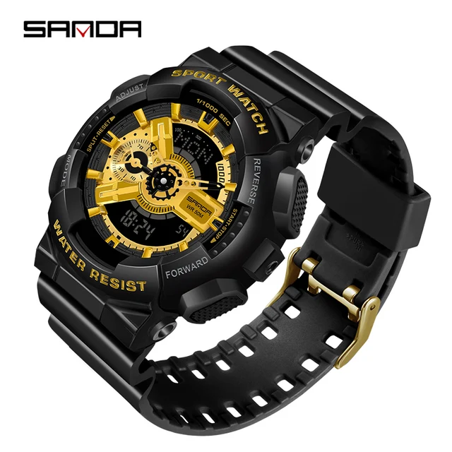 Fashion Sanda Top Brand Dual Display Quartz Watch Men's Luxury Sports Led Luminous Waterproof S Shockproof Automatic Date RelojP