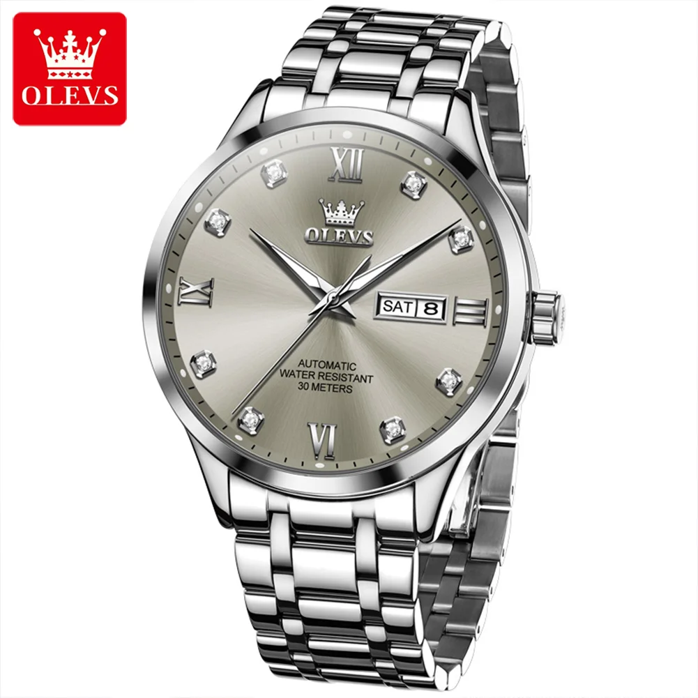 OLEVS Top Brand Luxury Diamond Mechanical Watch for Men Fashion Grey Dial Stainless Steel Waterproof Date Week Automatic Watch