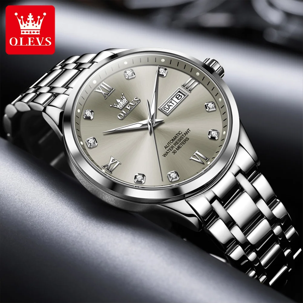 OLEVS Top Brand Luxury Diamond Mechanical Watch for Men Fashion Grey Dial Stainless Steel Waterproof Date Week Automatic Watch