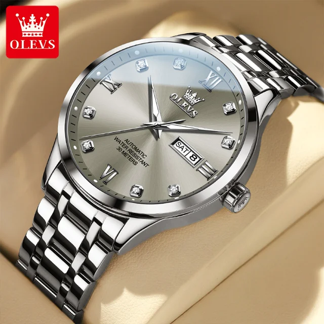 OLEVS Top Brand Luxury Diamond Mechanical Watch for Men Fashion Grey Dial Stainless Steel Waterproof Date Week Automatic Watch