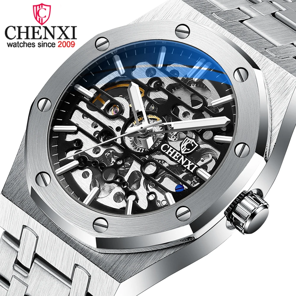 Fashion Top Brand Chenxi Automatic Mens Watches Mechanical Tourbillon Wrist Watch Waterproof Business Stainless Steel Sport