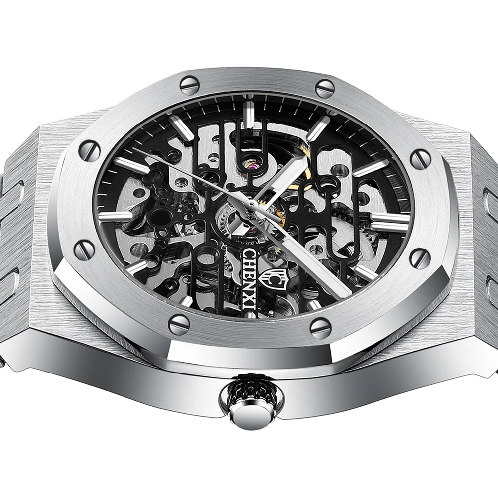 Fashion Top Brand Chenxi Automatic Mens Watches Mechanical Tourbillon Wrist Watch Waterproof Business Stainless Steel Sport