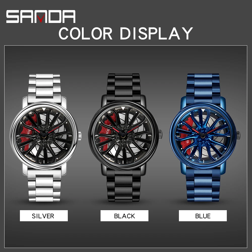 Men Fashion Hot Sell Car Rim Wristwatch 360 Degree Rotating Wheel Rim Dial Watches Stainless Steel Waterproof Sport Quartz Clock