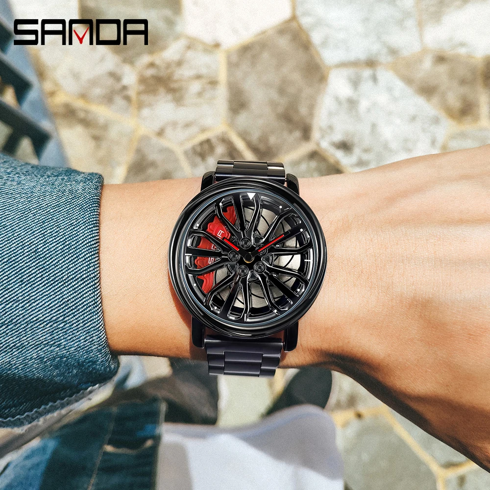 Men Fashion Hot Sell Car Rim Wristwatch 360 Degree Rotating Wheel Rim Dial Watches Stainless Steel Waterproof Sport Quartz Clock