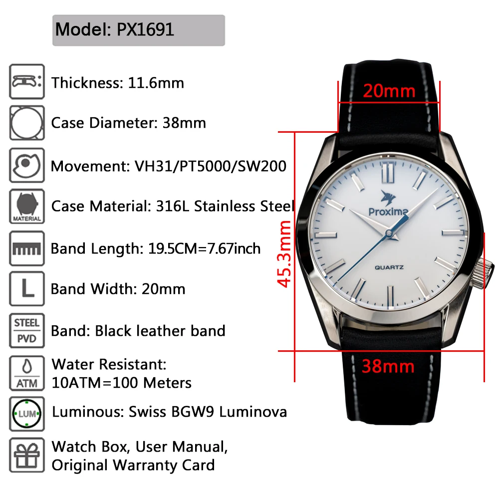 Proxima PX1691 38MM Men Retro Mechanical Watch PT5000 Luxury Stainless Steel AR Sapphire Crystal Glass 100m Waterproof