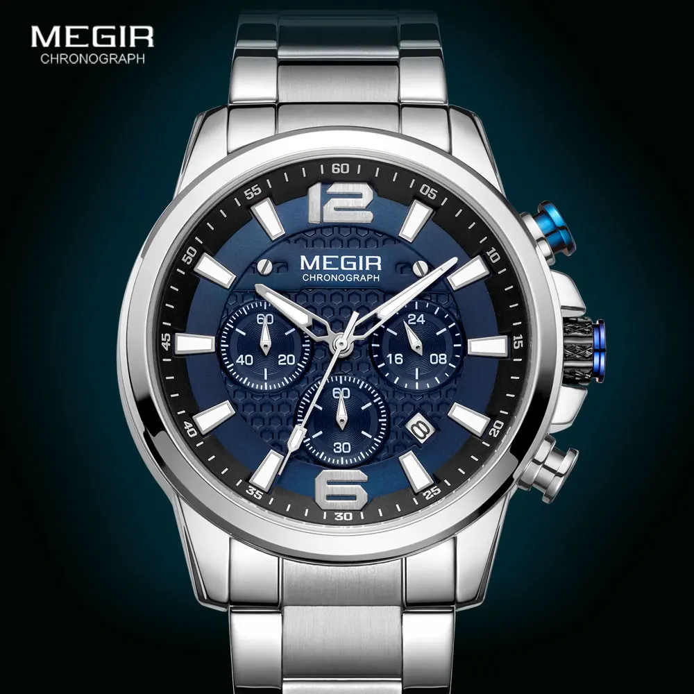 MEGIR Luxury Watches Men Top Brand Stainless Steel Waterproof Luminous Wristwatch Blue Sports Chronograph Quartz Watch Man