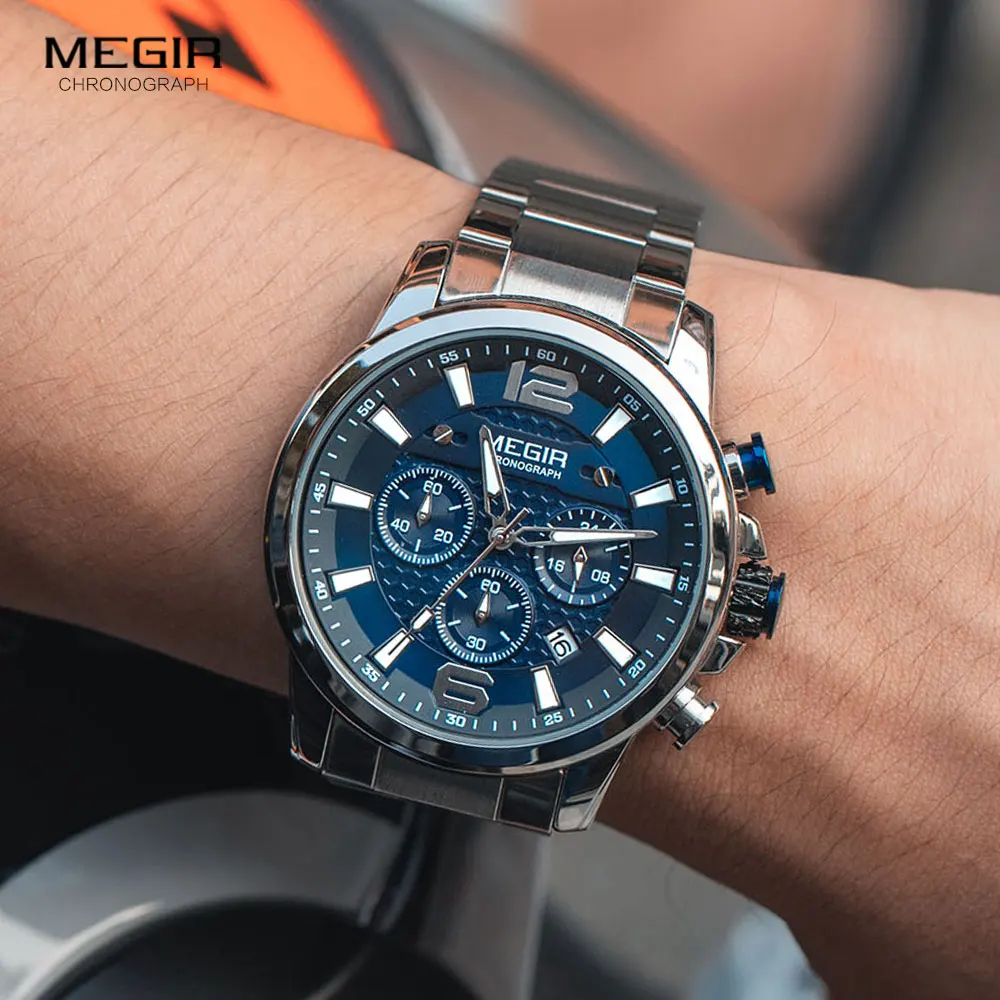 MEGIR Luxury Watches Men Top Brand Stainless Steel Waterproof Luminous Wristwatch Blue Sports Chronograph Quartz Watch Man