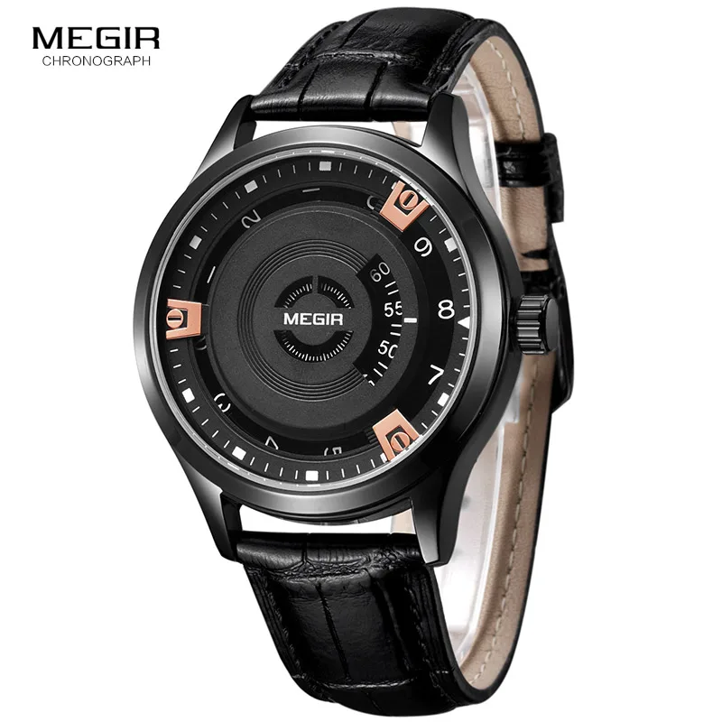 Megir Mens Fashion Black Leather Quartz Wristwatches Hot Water Resistant Battery Quartz Watch for Man Male1067