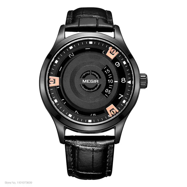 Megir Mens Fashion Black Leather Quartz Wristwatches Hot Water Resistant Battery Quartz Watch for Man Male1067